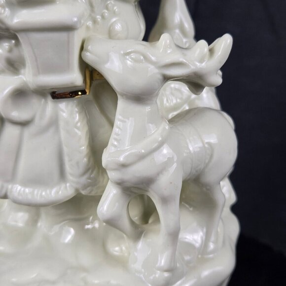 Santa And Reindeer Music Box Cream Gold Accents Works Plays "White Christmas" - Picture 13 of 16